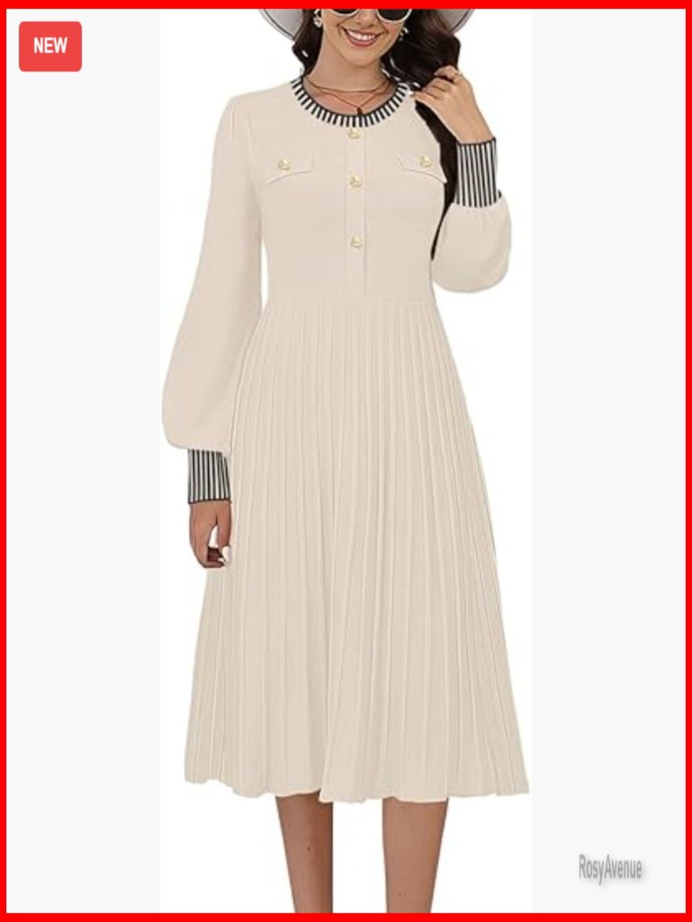 Long Sleeve Midi Sweater Dress A-Line Button Pleated Ribbed Knit